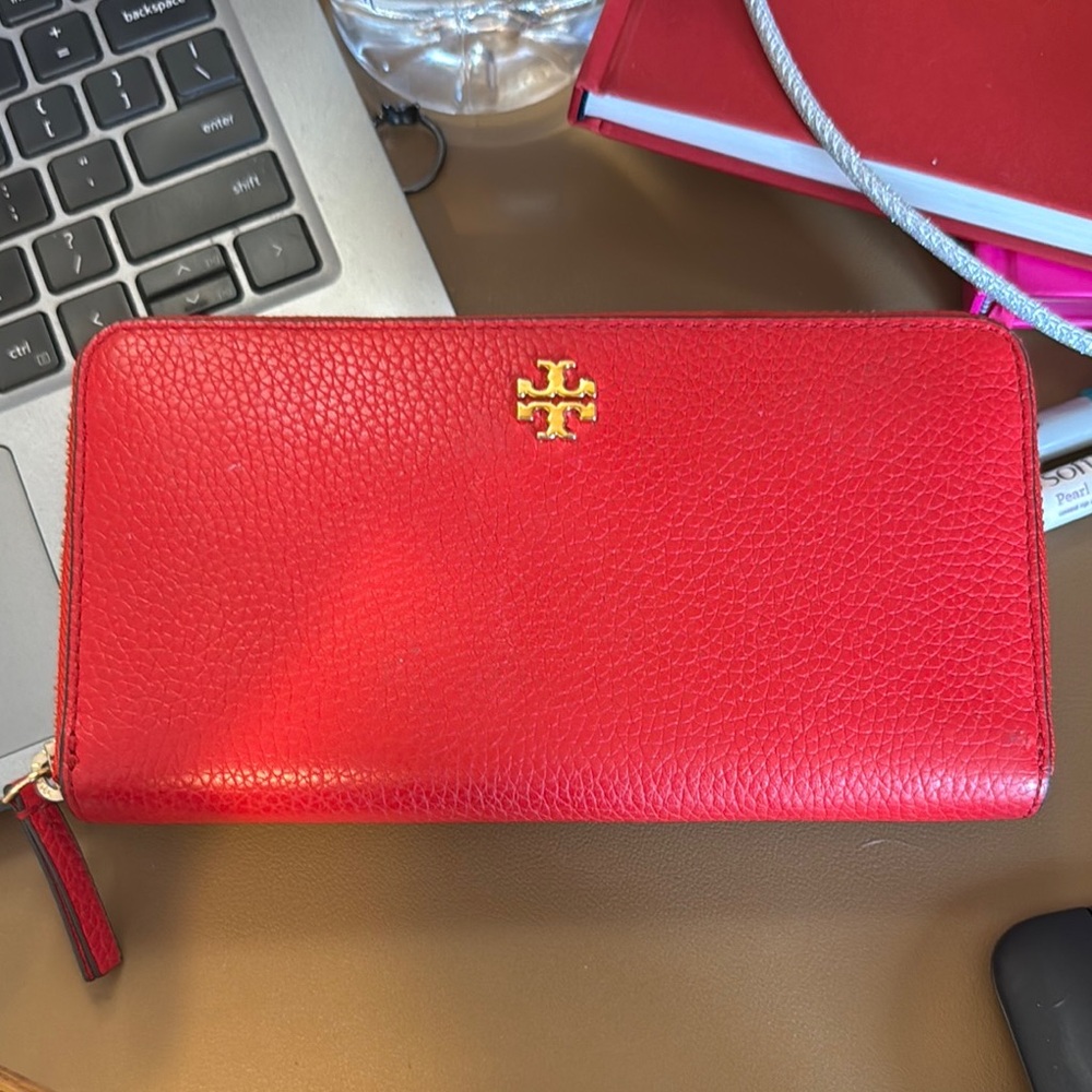 Tory Burch Red Leather Wallet with Zip Closure and Gold Logo